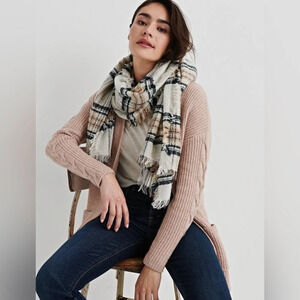 NWT Lucky Brand Textured Plaid Scarf Neutral Wool Blend